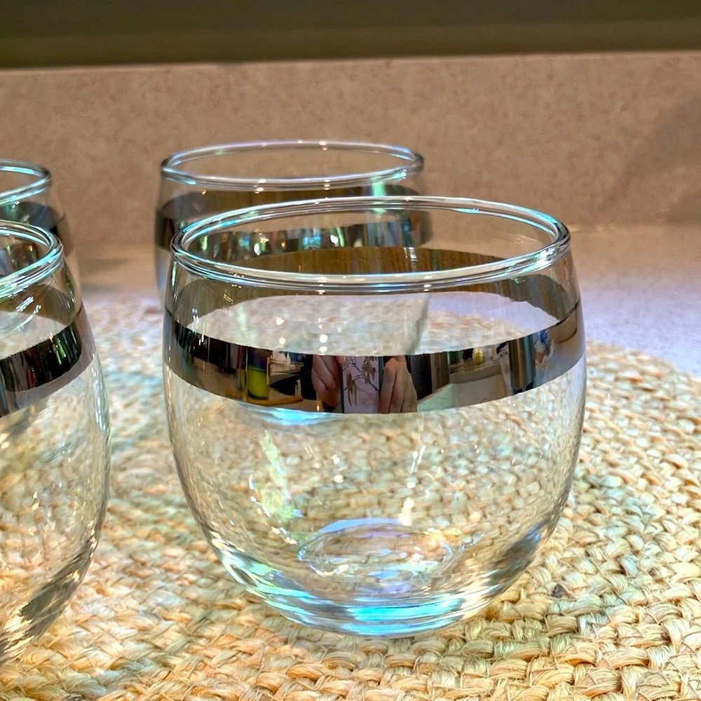 Set of (4) Vintage MCM Silver Stripe Roly Poly Glasses
